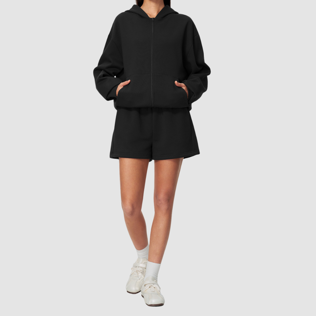 Wholesale Women's Warm Fleece-Lined Zip Up Hoodie & Sweat Shorts Set