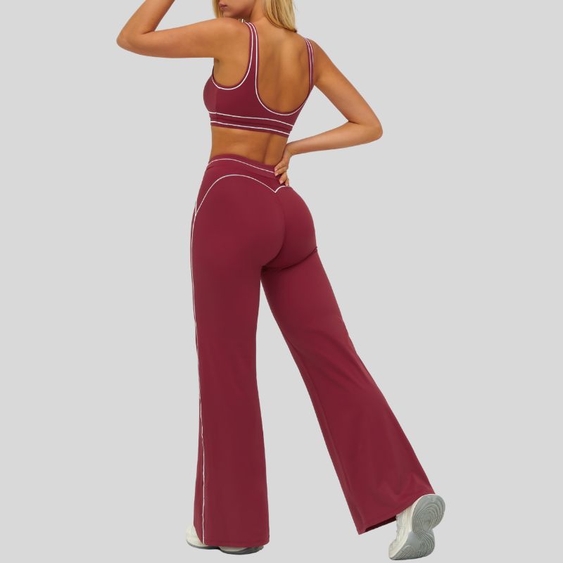 Contrasting bra with removable bra pads+High-waisted wide-leg pants 2-piece set