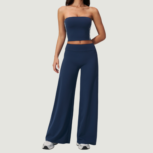 Wholesale Women's Brushed Strapless Tube Top & Wide-Leg Pants Set – Padded Yoga Fitness 2-Piece