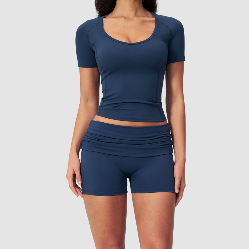 Wholesale short-sleeved tops and high-waisted fold-over shorts sets