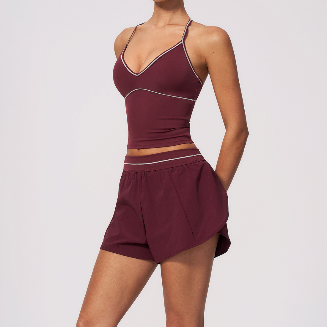 Wholesale Women's Brushed Yoga Set: Halter V-Neck Bra & Shorts – Colorblock Quick-Dry