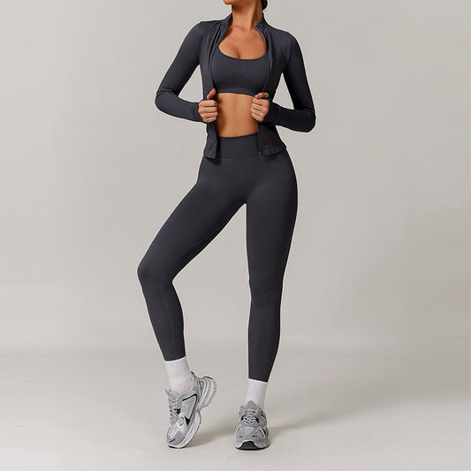 Seamless yoga bra + Full Zipper jackets + high waist leggings 3-piece set