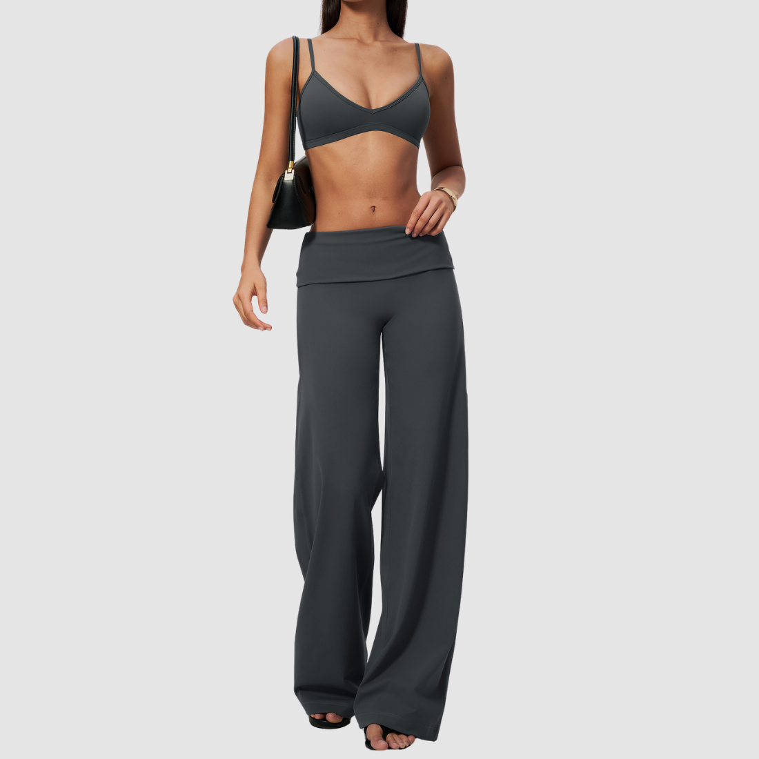 Wholesale Women's Brushed Yoga Set: Strappy Back Bra & Foldover Wide-Leg Pants