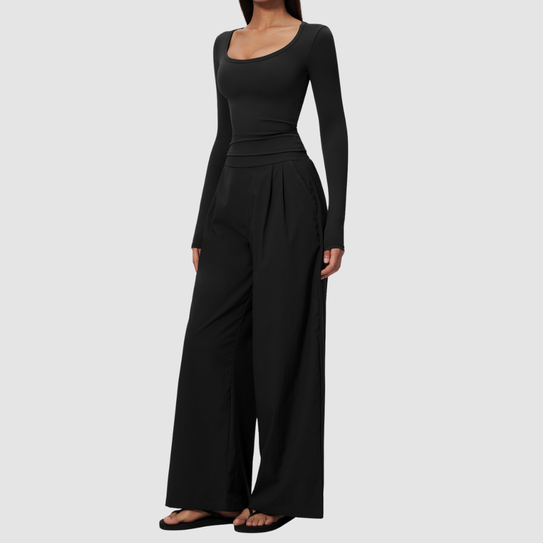 Wholesale Women's Brushed V-Neck Long Sleeve Top & Wide-Leg Pants Yoga Set