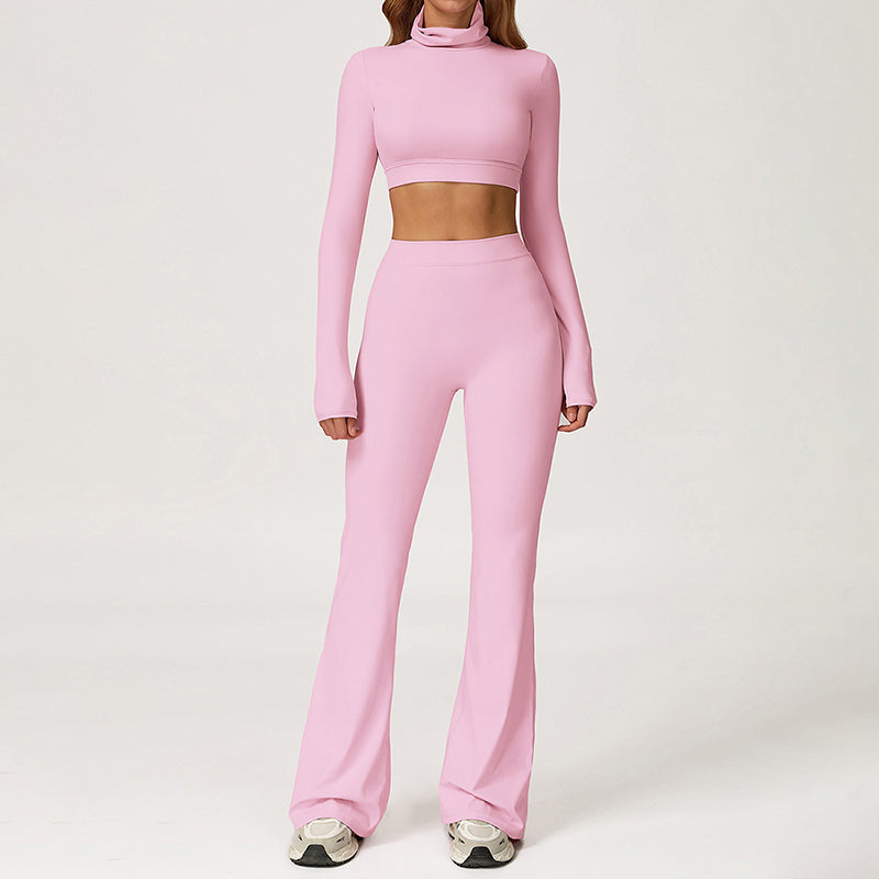 High-Neck Cropped Long Sleeve + Flared Leg Pants 2-Piece Set