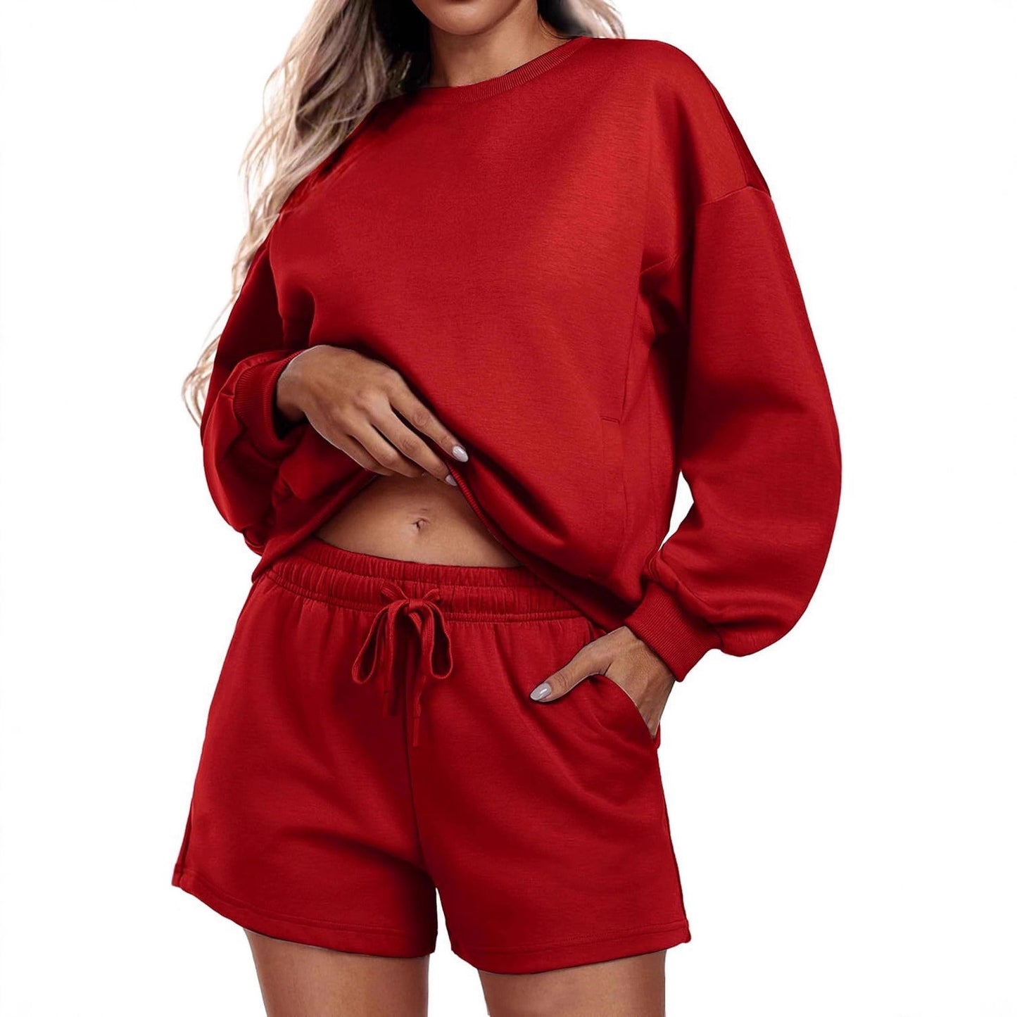 Round neck loose casual sweatshirt+Loose-fitting athletic shorts 2-piece set