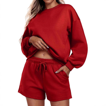 Round neck loose casual sweatshirt+Loose-fitting athletic shorts 2-piece set
