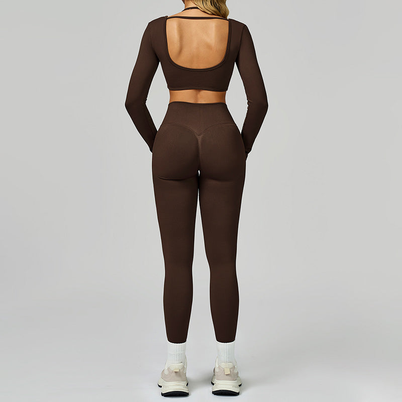 Seamless halter long sleeve top + High-waisted leggings 2-Piece Set