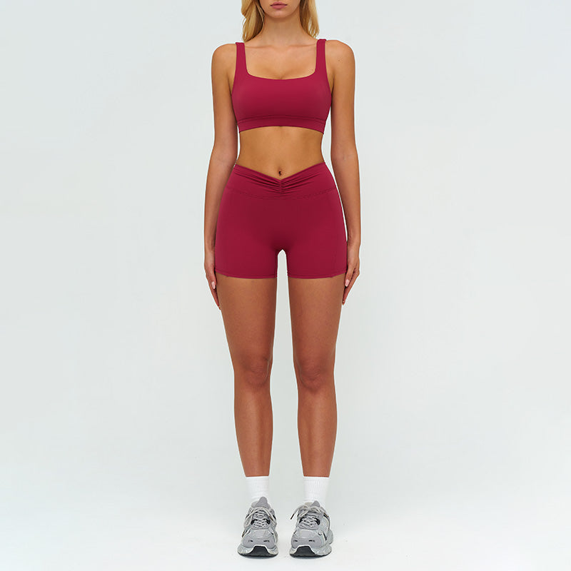 Square neckline backless sports bra + athletic slimming shorts 2-piece set
