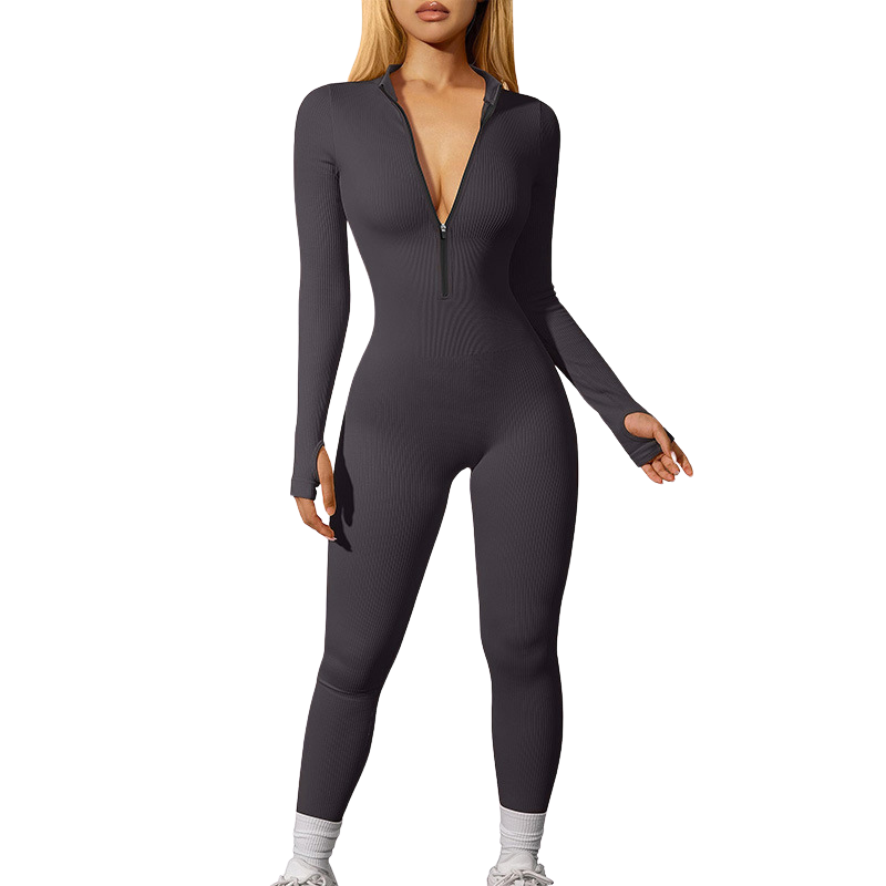 Women's ribbed long-sleeve zip-up casual athletic jumpsuit