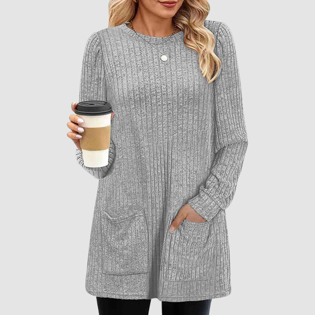 Wholesale Women’s Ribbed Pocket Tunic Sweater – Mid-Long Knit Pullover