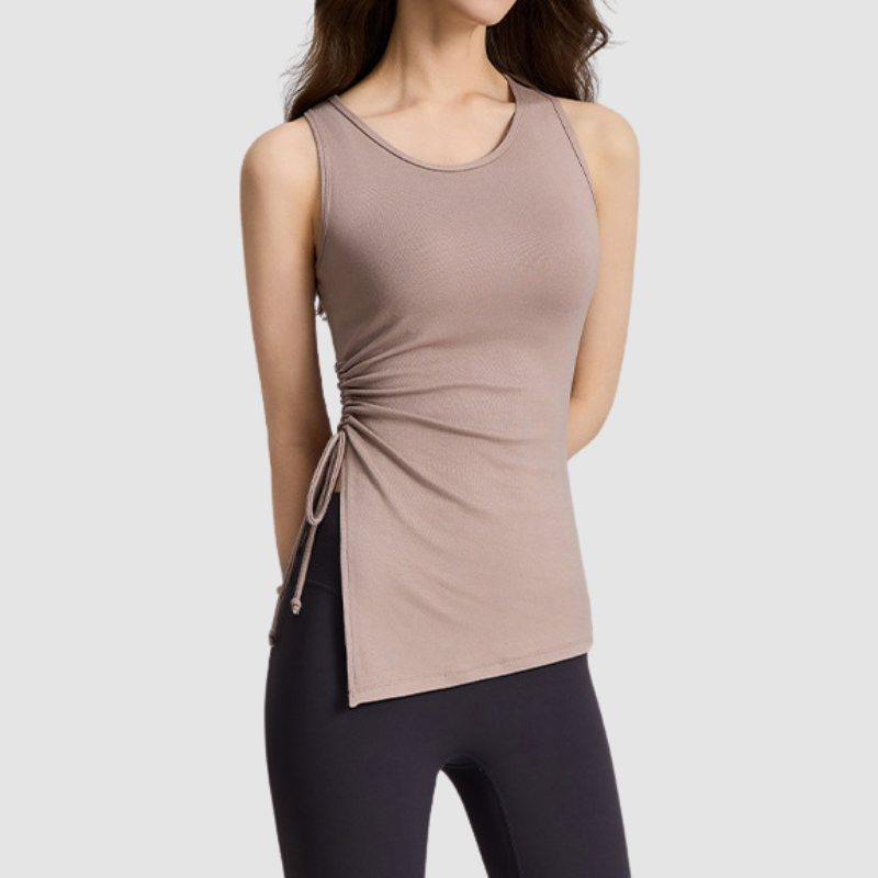 Wholesale Women's Ribbed Yoga Tank Top with Drawstring Hem & Side Slit – TX309