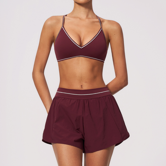 Wholesale Women's Brushed Yoga Set: V-Neck Strappy Bra & Shorts – Colorblock Tummy Control