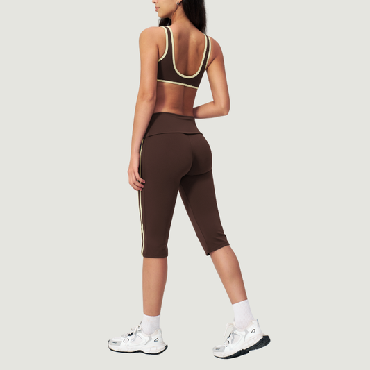 Wholesale color-blocked V-neck sports bra & striped cropped pants set