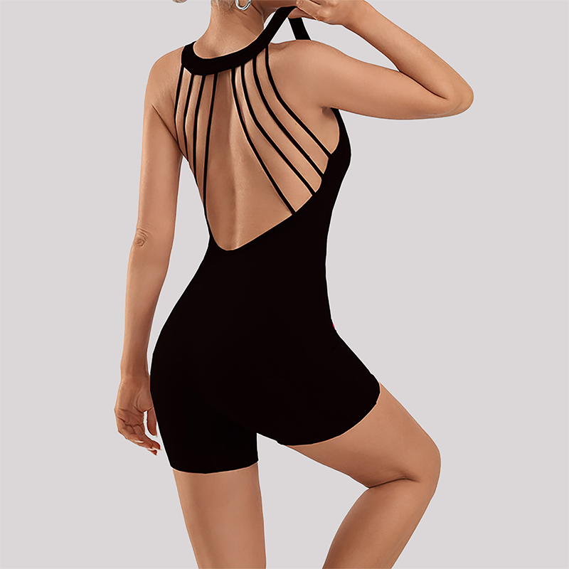 Wholesale Women's Open-Back Athletic Bodysuit – Cloud-Feel Double-Sided Quick-Dry Shorts Jumpsuit