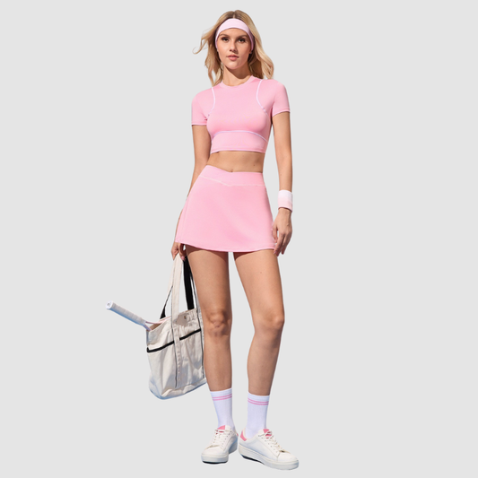 Wholesale cropped athletic T-shirt + faux two-piece skirt