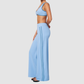 Nude-feel deep V bra + high waist + high-waisted color-blocked pants 2-piece set