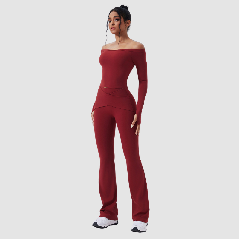 Wholesale off-the-shoulder yoga top + flared pants
