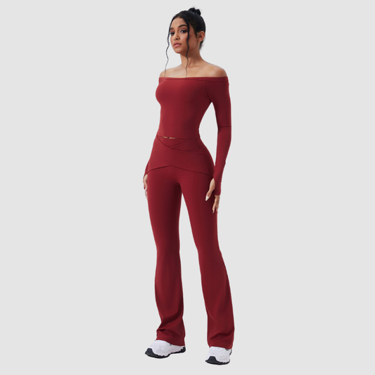 Wholesale off-the-shoulder yoga top + flared pants