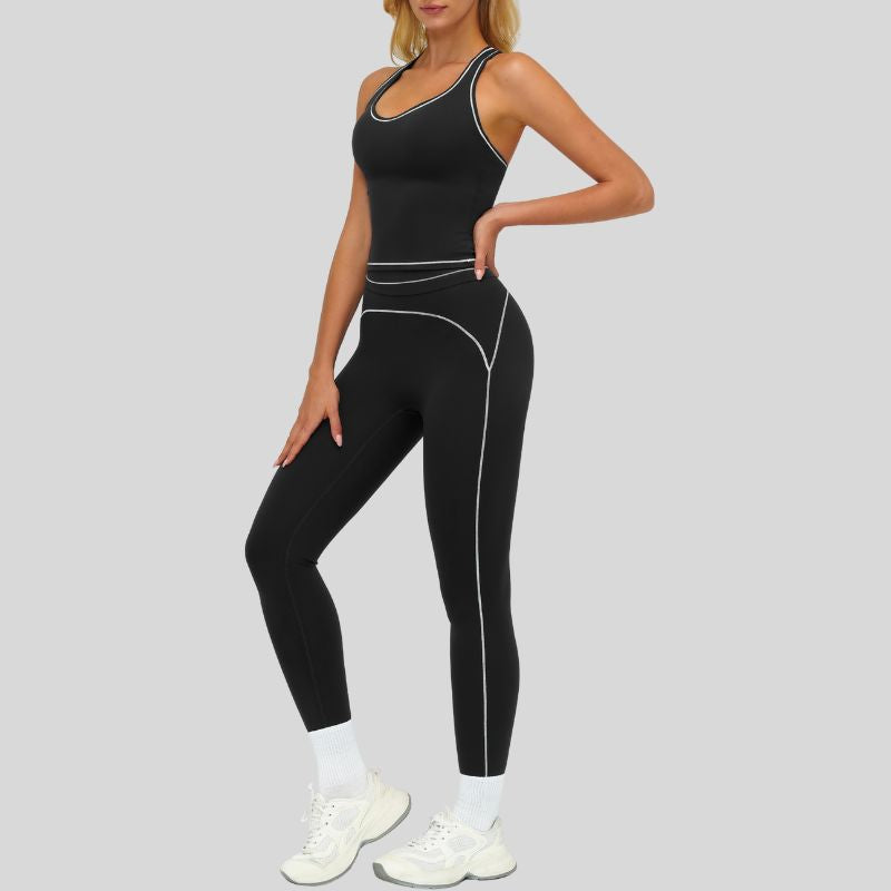 Contrasting racerback tank top+High waisted leggings 2-piece set
