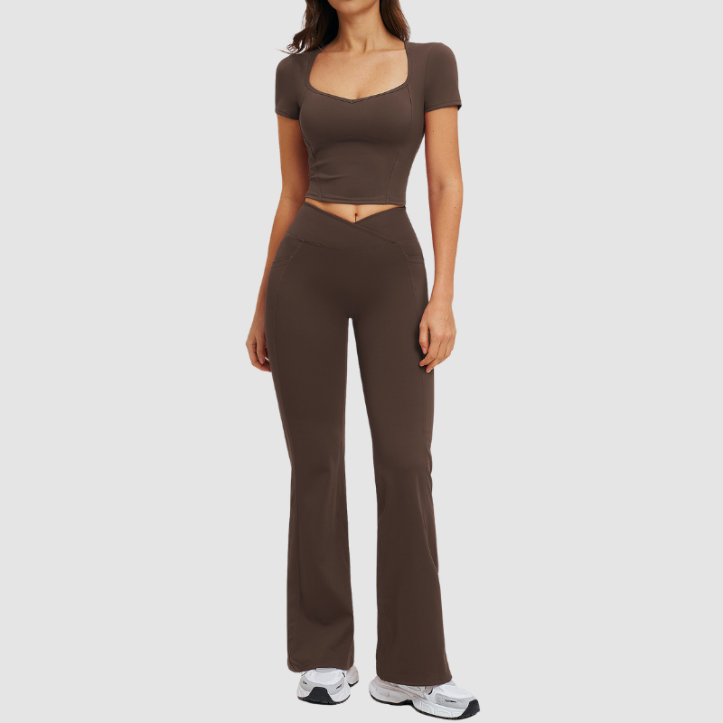 Wholesale square-neck crop top + high-waisted flared pants