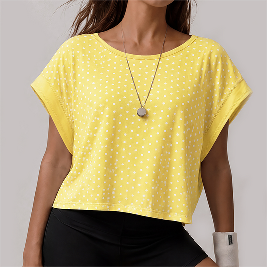 Wholesale Women's Hollow Polka Dot Yoga Cover-Up – Loose Fit Open-Back Short Sleeve Gym Top