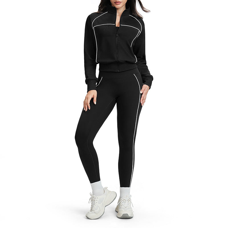 Color-blocked loose-fitting jacket + high-waisted leggings 2-piece set