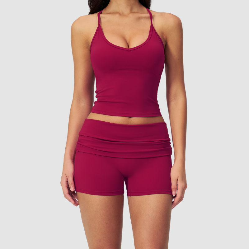 Wholesale women's brushed vest and fold-over hip-lifting shorts set