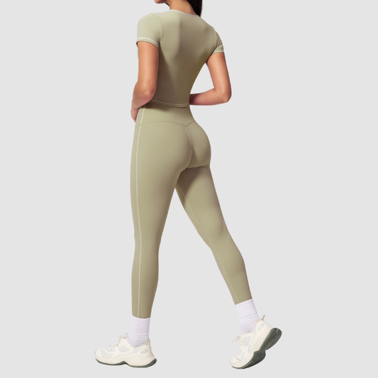 Wholesale Women's Seam-Detail Short Sleeve Crop Top + High-Waist Leggings Set – Butt-Lifting Yoga Gym Activewear
