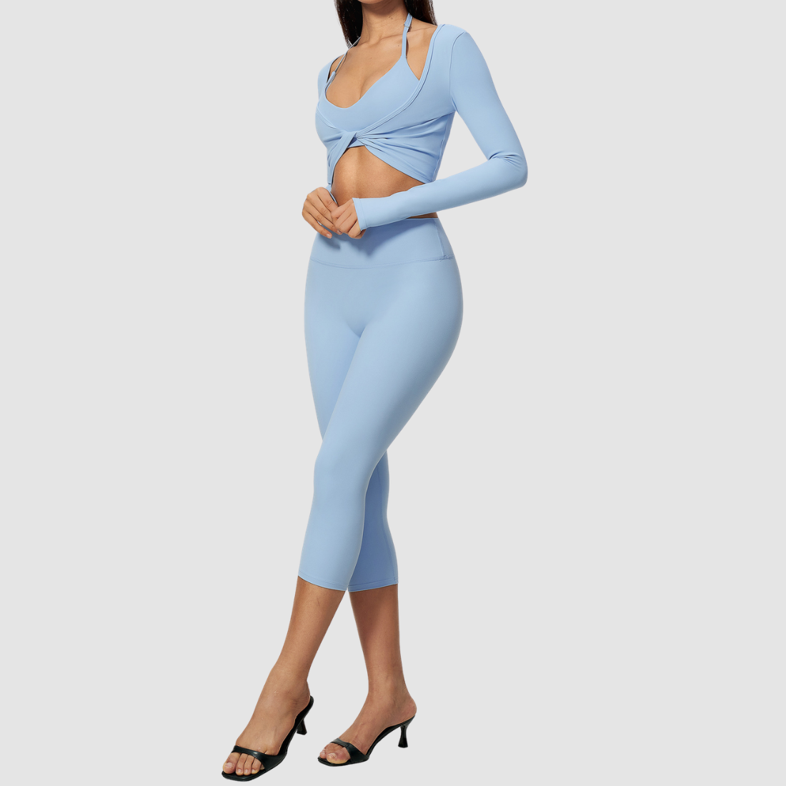 Wholesale Women's Activewear Brushed Bra, Capri Pants & Long-Sleeve 3-piece Yoga Set