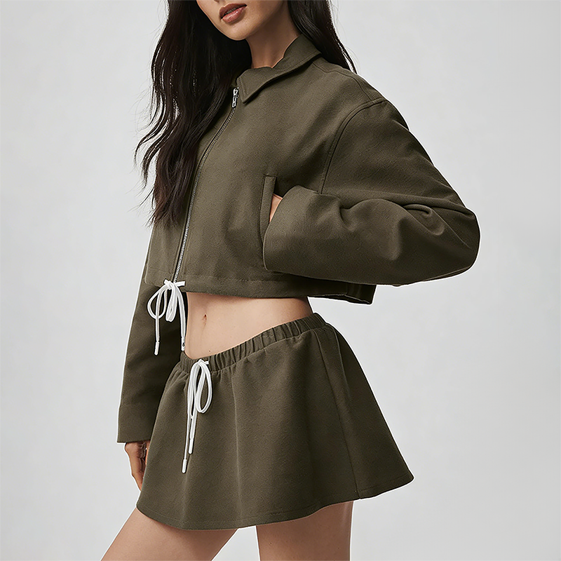Wholesale Cotton-Blend Drawstring Zip Jacket & Mini Skirt Set – 2-Piece Casual Sports Matching Set