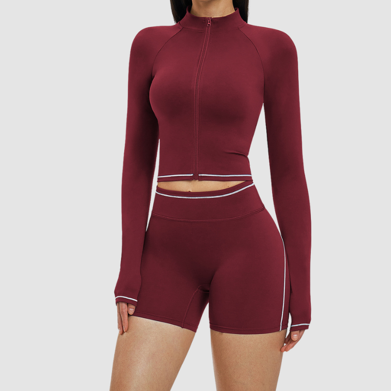 Wholesale color-blocked stand-collar zippered jacket + high-waisted tight shorts