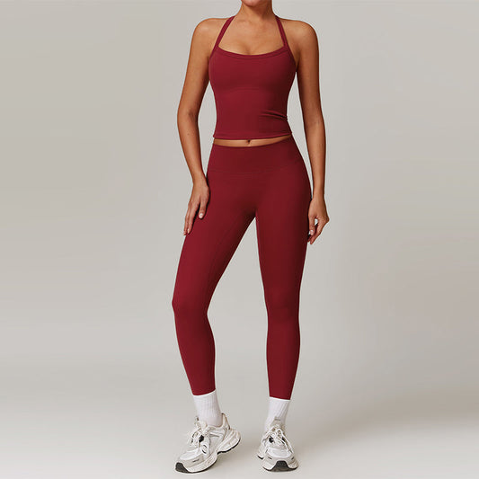 Brushed cross back yoga tank top + High-waisted leggings 2-piece set