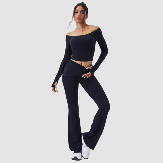 Wholesale off-the-shoulder yoga top + flared | Wonderxfans bulk activewear