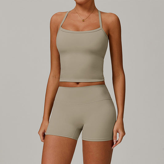Tapa del tanque de yoga de cruz cepillado + pantalones cortos de cintura alta de 2 piezas