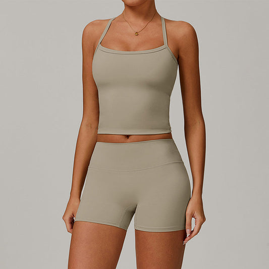 Brushed cross back yoga tank top + High-waisted shorts 2-piece set