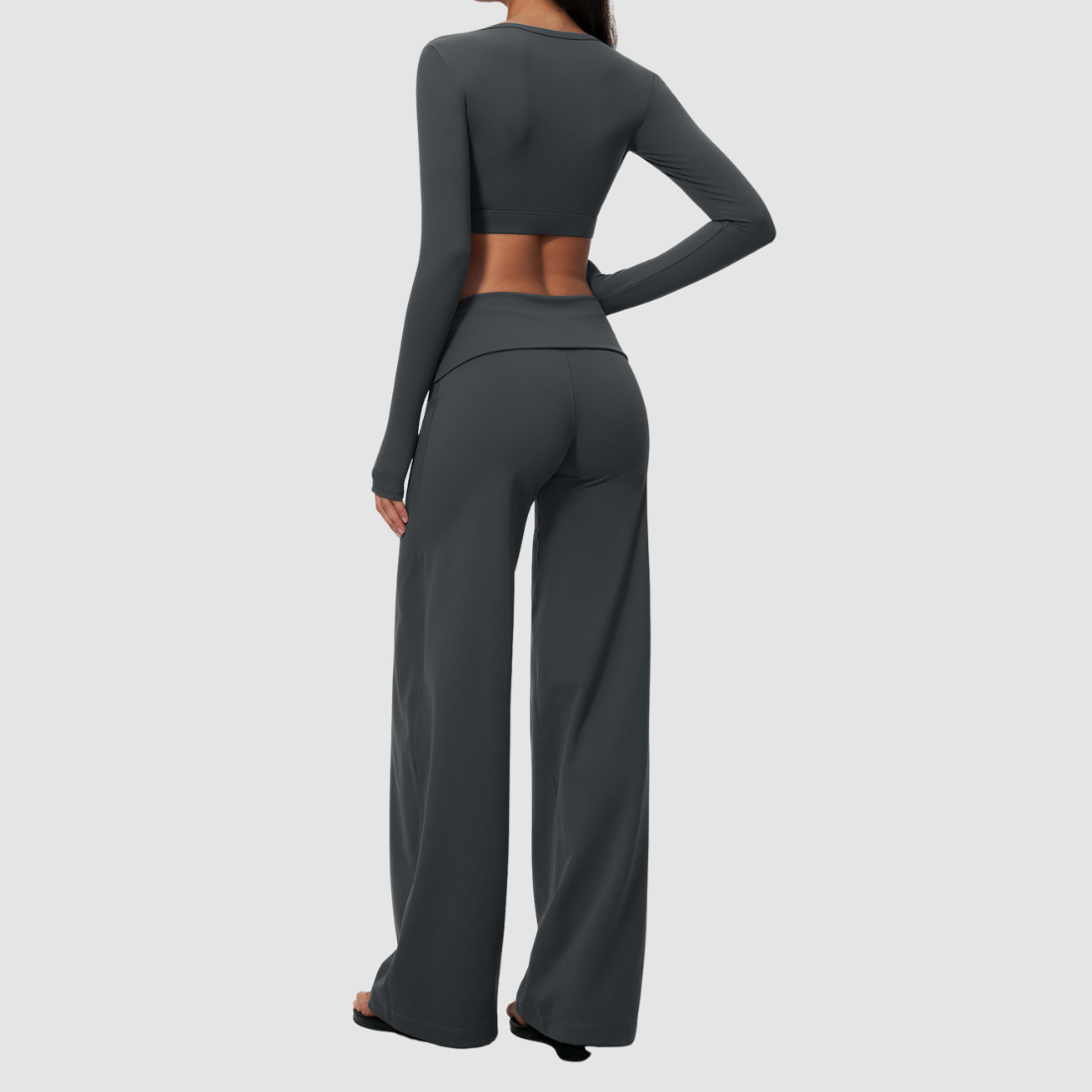 Wholesale Women's Brushed Yoga Set: Long-Sleeve Crop Top & Foldover Wide-Leg Pants