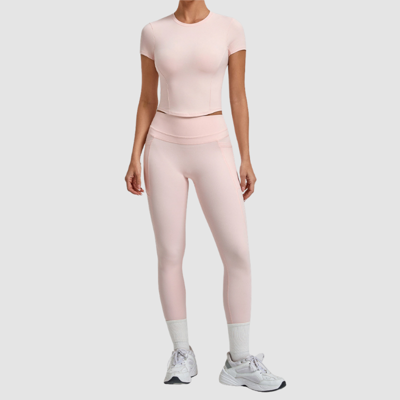 Wholesale Women's Naked-Feel Short Sleeve Top + High-Waist Leggings Set – Peach Lift Yoga Fitness Activewear