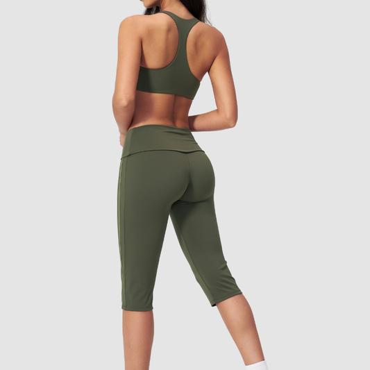 Wholesale Brushed V-Neck Sports Bra & Button-Up Cropped Pants Set
