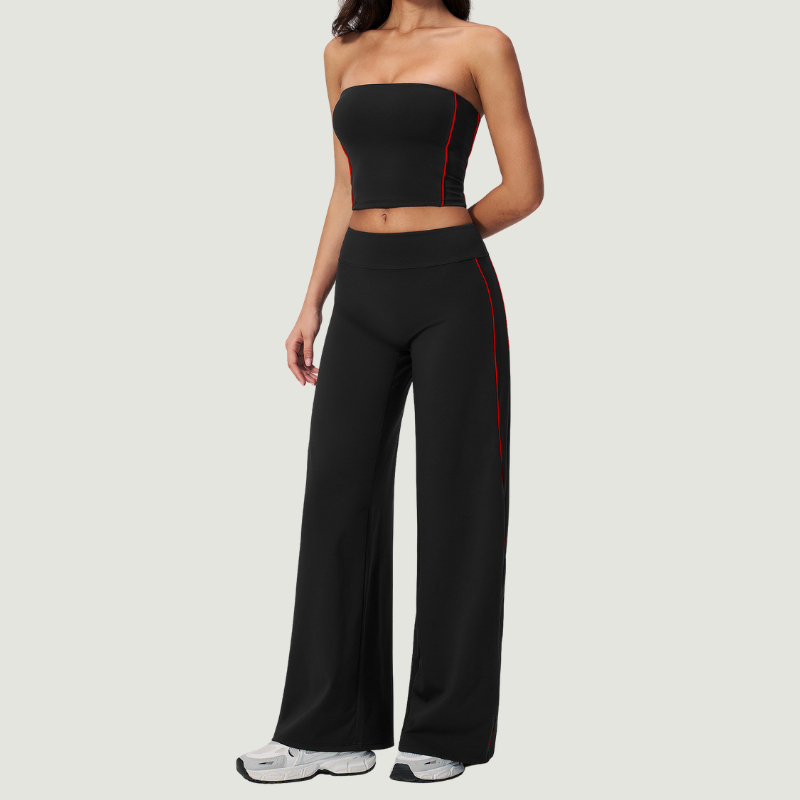 Wholesale Women's Brushed Strapless Tube Top & Wide-Leg Pants Set – Padded Yoga Fitness 2-Piece