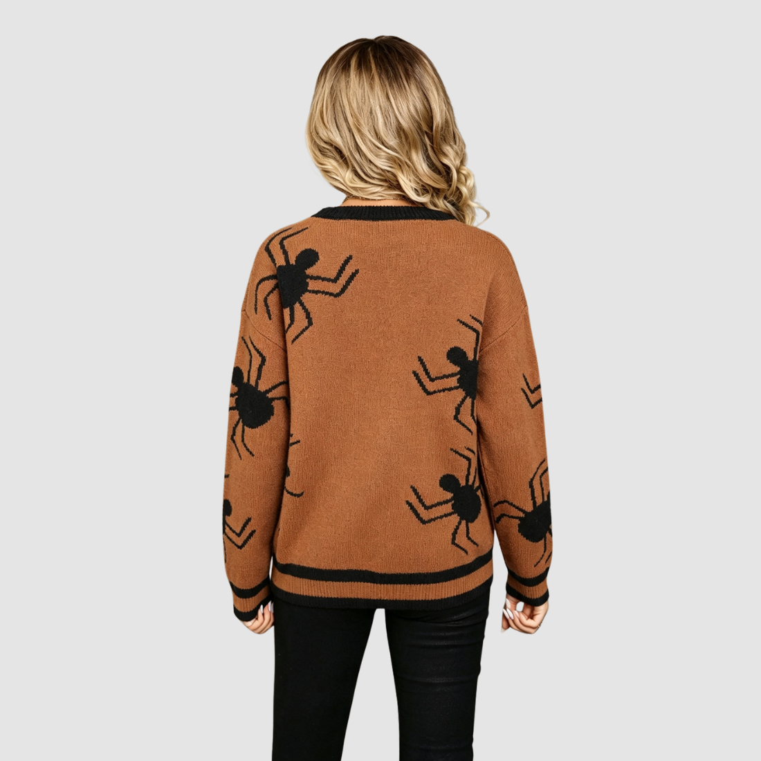 Wholesale Women's Halloween Witch Spider Knit Sweater – Camel Round-Neck Pullover