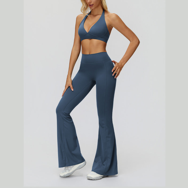 Halter sports bra+High waisted flared pants 2-piece set