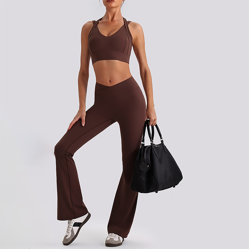 Wholesale Women's Open-Back Long Sleeve Crop Top & High Waist Leggings Set with Chest Pad