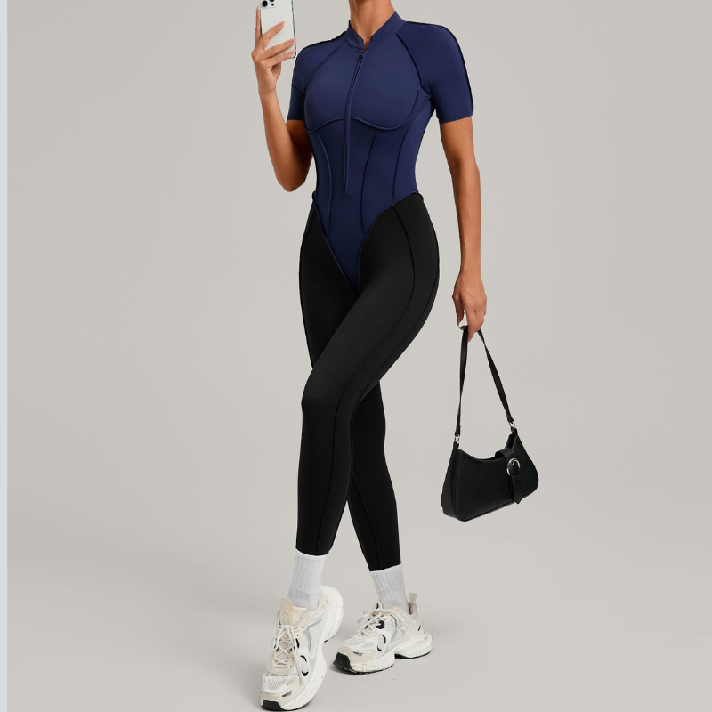 Color matching backless half zipper bodysuit