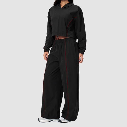 Wholesale Women's UPF50+ Sun Protection Hoodie Jacket + Wide-Leg Pants Set – Colorblock Outdoor Running Sportswear