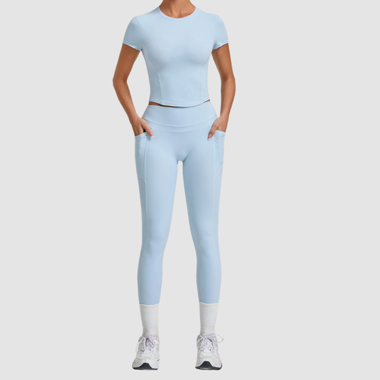 Wholesale Women's Naked-Feel Short Sleeve Top + High-Waist Leggings Set – Peach Lift Yoga Fitness Activewear