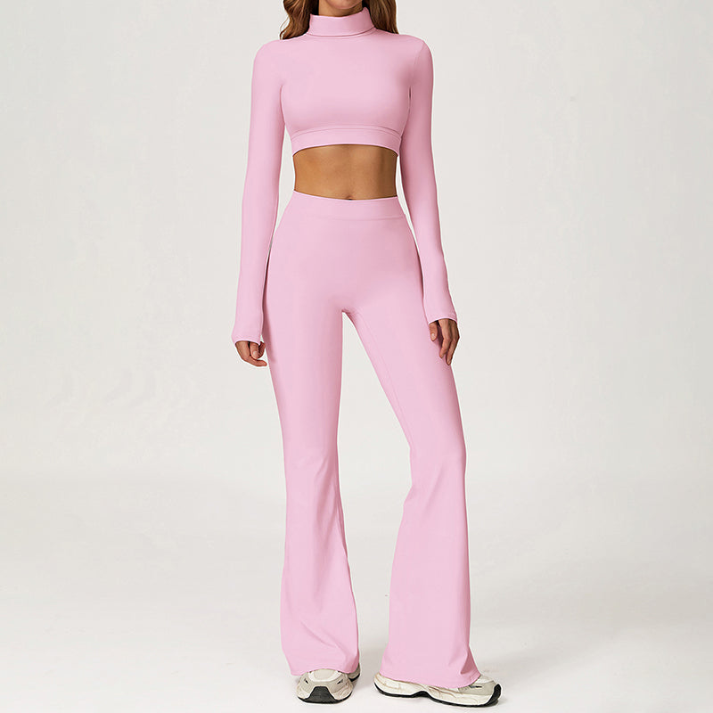 High-Neck Cropped Long Sleeve + Flared Leg Pants 2-Piece Set