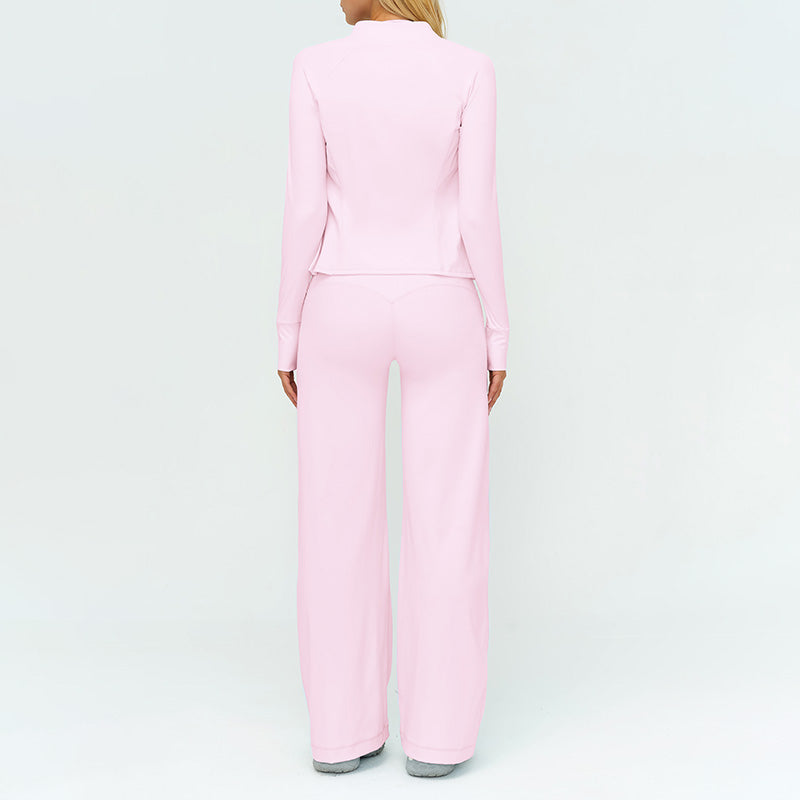 Stand collar zipper jacket + Backless sports bra + high-waisted loose wide-leg pants 3-piece set