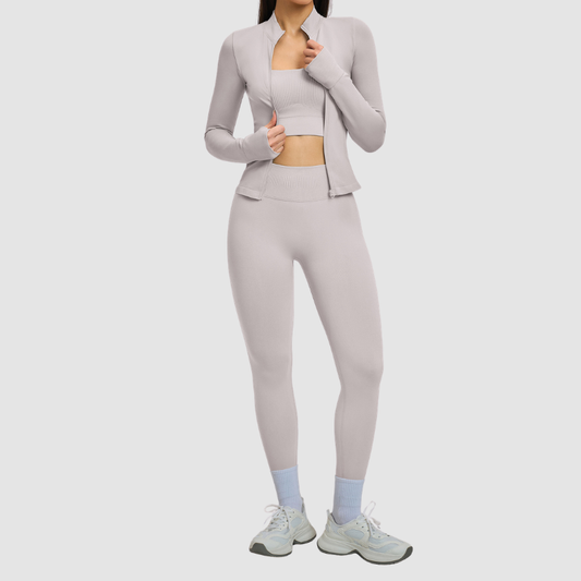 Wholesale Cross Shoulder Strap Bra+Legging+Jacket 3-Piece | Wonderxfans bulk activewear