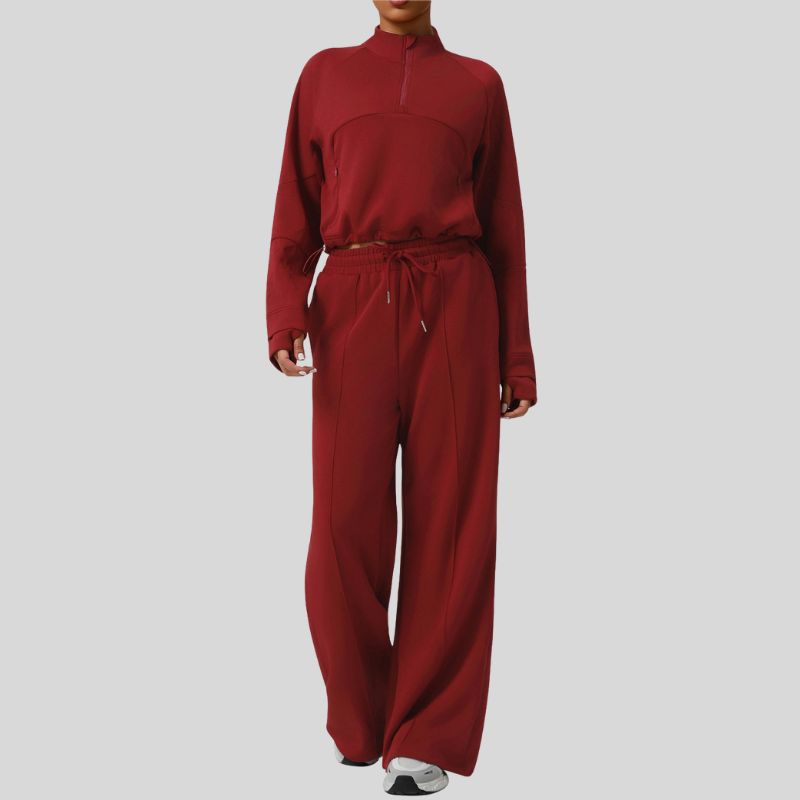Thick half-zip sweatshirt + drawstring wide-leg pants 2-piece set